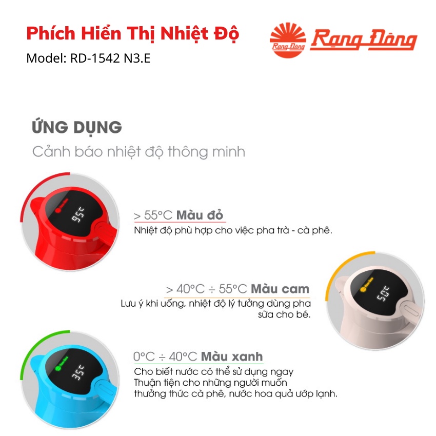 Phích Nước Nóng Rạng Đông 1L/ 1.5L - Model: RD-1542 N3.E– Hiển thị nhiệt độ thông minh – Bình Thủy Rạng Đông