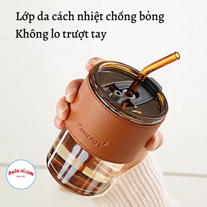 Cốc thủy tinh hổ phách Gorgous bọc da chống bỏng-Cốc có nắp tiện lợi Br01649