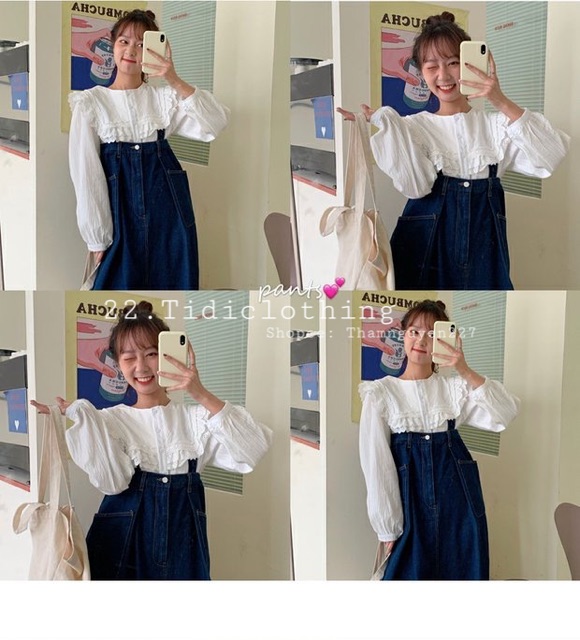 Quần yếm jeans ống rộng xanh đậm bo eo big size 5xl 4xl 3xl 2xl / yếm hai dây bò ống rộng dài ORDER taobao có bigsize