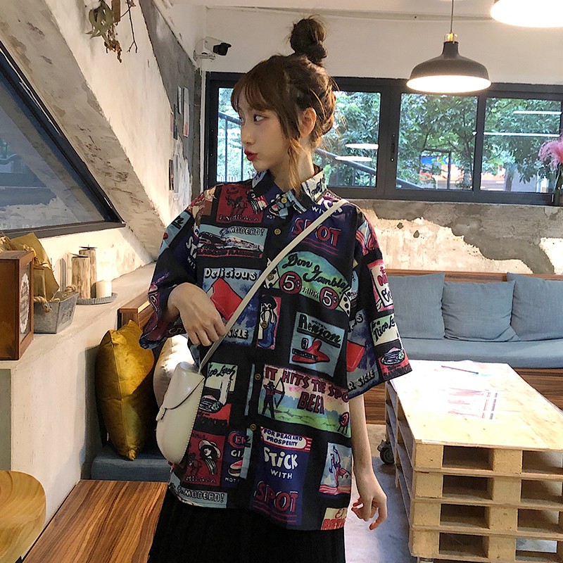 Áo sơ mi dáng rộng hoạ tiết in phong cách vintage Xiaozhainv | BigBuy360 - bigbuy360.vn