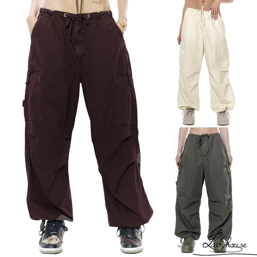 Ldd-Quần ống rộng Dây Rút Nhiều Túi Màu Trơn Vừa Vặn Cho Nữ