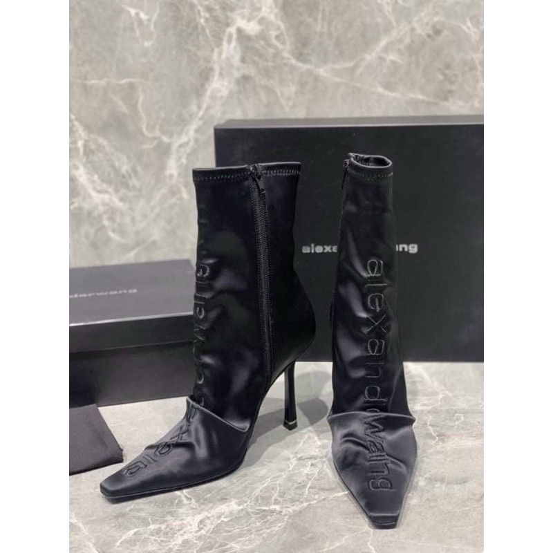 Boots lửng Álexanderwángg hàng đẹp lụa satin thêu Đen Nude kem(chat trước khi đặt)