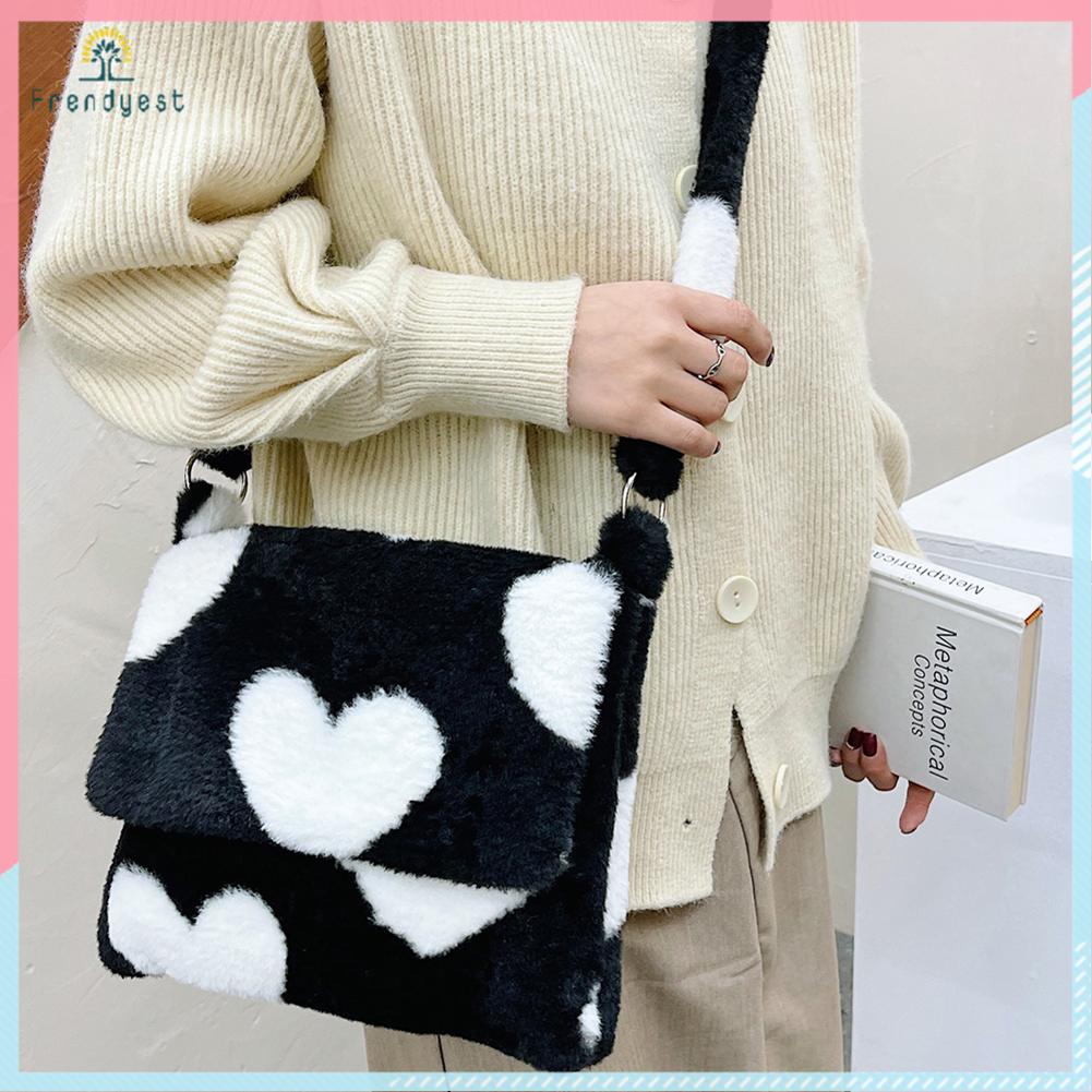 Túi đeo vai thời trang nữ hoa văn da báo/bông hoa/trái tim/con gấu chất liệu lông nhung