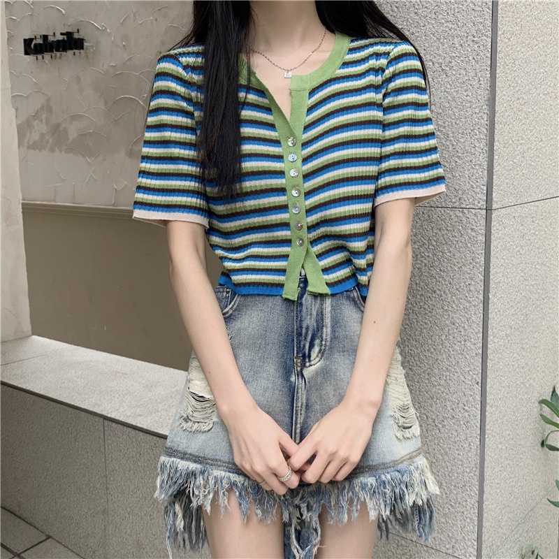 Áo cardigan ZHELIHANGFEI dệt kim tay ngắn kẻ sọc thiết kế trẻ trung cá tính cho nữ