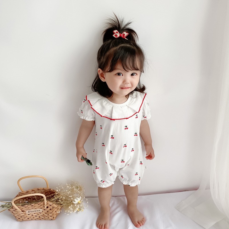 Cho bé bodysuit ngắn tay mùa hè mỏng Búp Bê Cổ Cherry 0-1 tuổi bé gái quần áo quần áo mặc bên ngoài