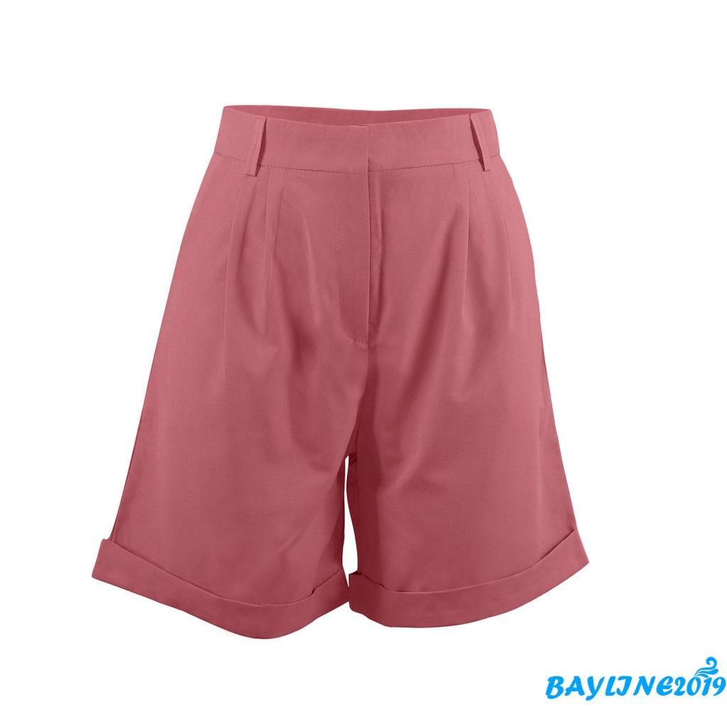 BAY-Quần ngắn ống rộng lưng cao màu trơn có túi phong cách size S/ M/ L/ XL cho nữ