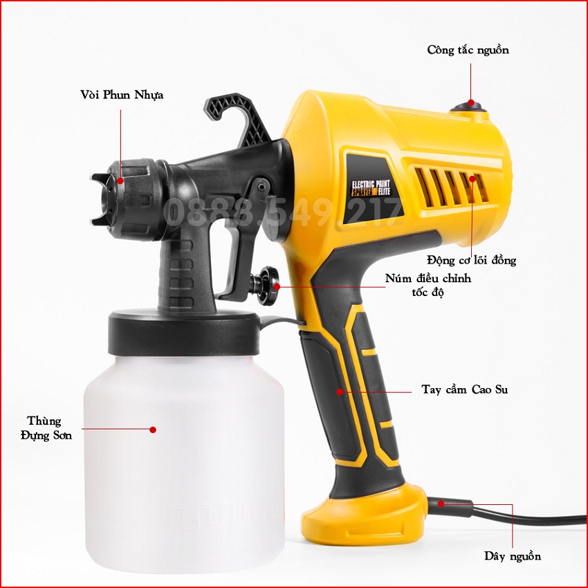 Máy Phun Sơn Cao Cấp Cầm Tay - Công suất 400W - S.úng Phun Sơn - Dùng điện 220V - Bình 800ML Siêu Bền