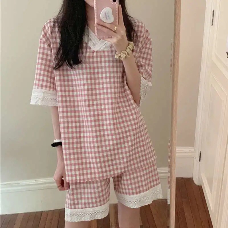 Đồ ngủ nữ cộc tay pijama, Đồ bộ nữ cộc tay dễ thương mùa hè chất mát kẻ caro | BigBuy360 - bigbuy360.vn