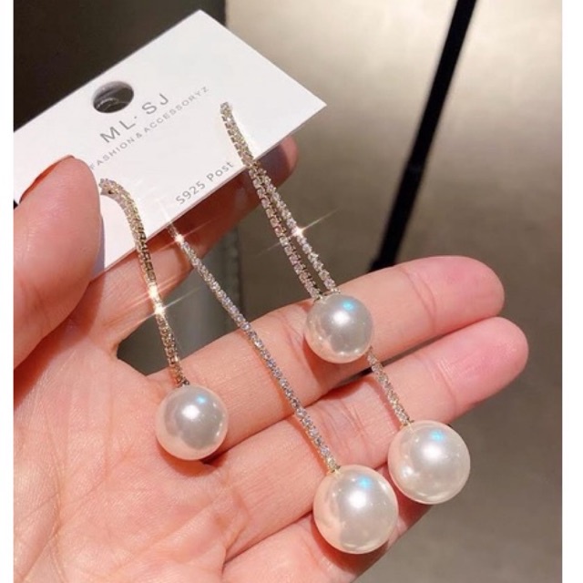 bông tai đính đá dáng dài kèm ngọc sang chảnh phong cách hàn quốc