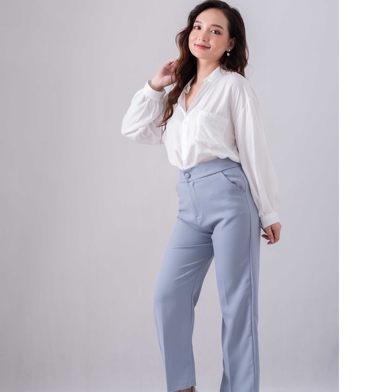 Áo sơ mi nữ dài tay trơn basic dáng rộng, ảnh thật sau
