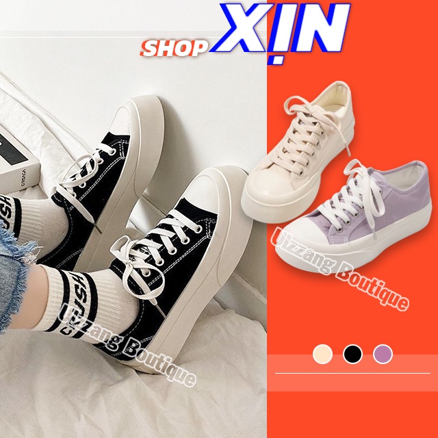 Giày thể thao nữ Ulzzang bata đen trắng bò sữa đế bánh mì độn đế vải canvas vintage conver cute