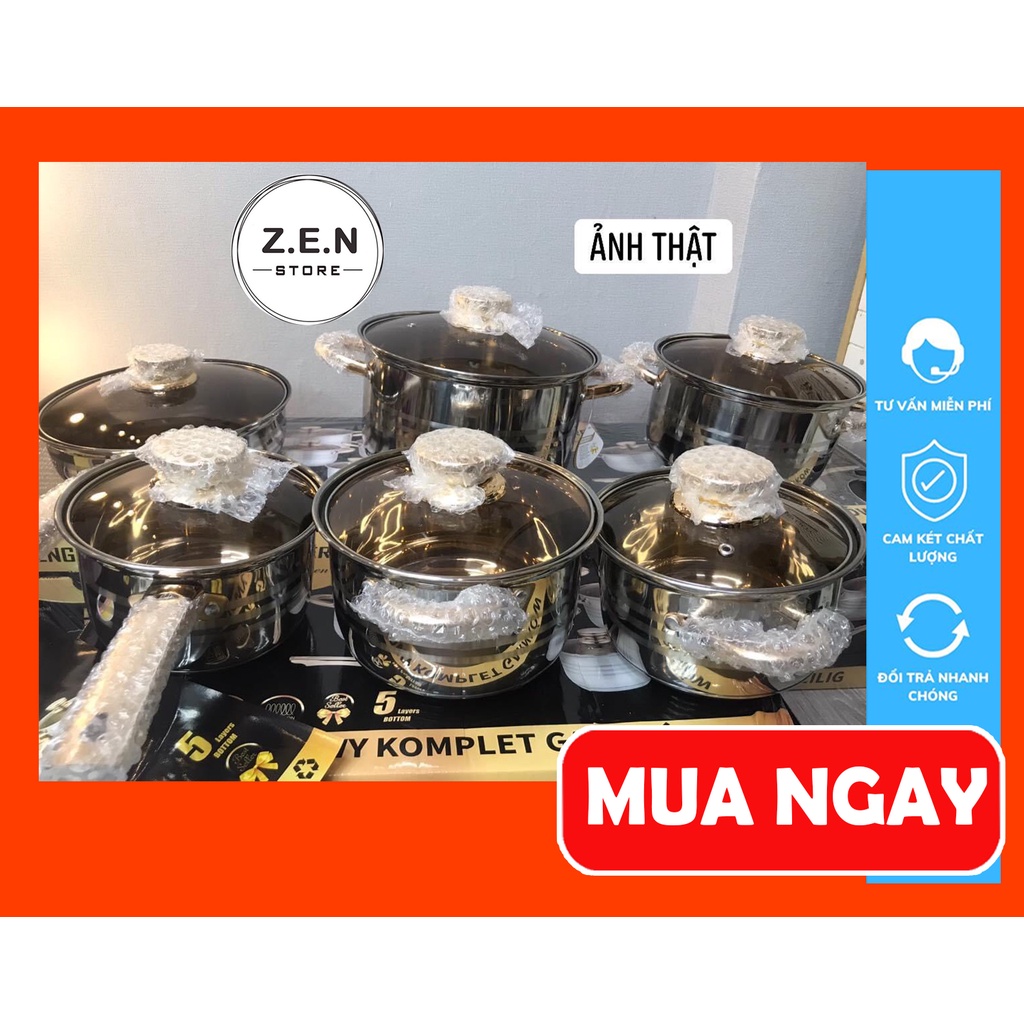 BỘ NỒI ĐỨC 6 MÓN VUNG KÍNH ENGELBERG 6 MÓN 12 CHI TIẾT❣️đáy INOX 5 lớp siêu chống dinh ❣️ Dùng cho mọi loại bếp