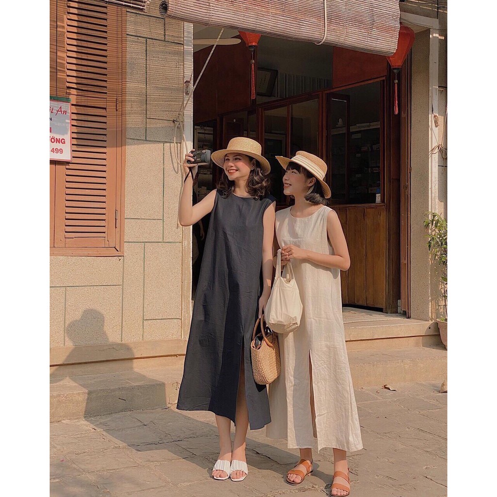 Váy Tanktop Ba Lỗ Xẻ Tà  Đầm đũi maxi dáng suông trơn màu TRẮNG | Xanh Than cá tính Ulzzang