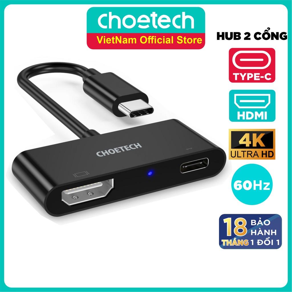 Hub Adapter Chuyển Đổi 2 Cổng USB Type C To HDMI 4K 60Hz Và PD 60W CHOETECH HUB-M03 - Hàng Chính Hãng