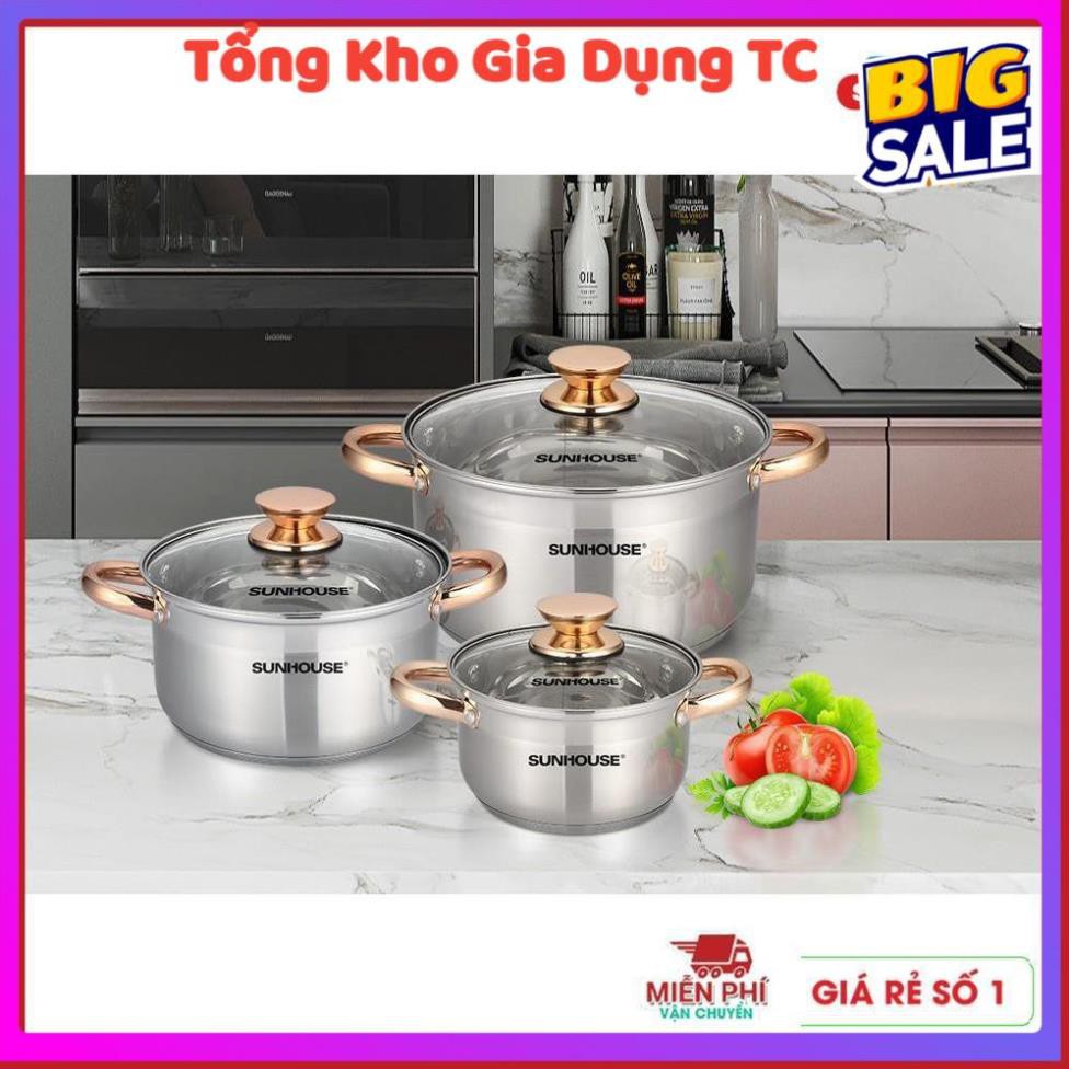 [Size 16,20,24cm] Bộ nồi inox 5 đáy Sunhouse SH781 dùng mọi loại bếp từ bếp gas bếp hồng ngoại