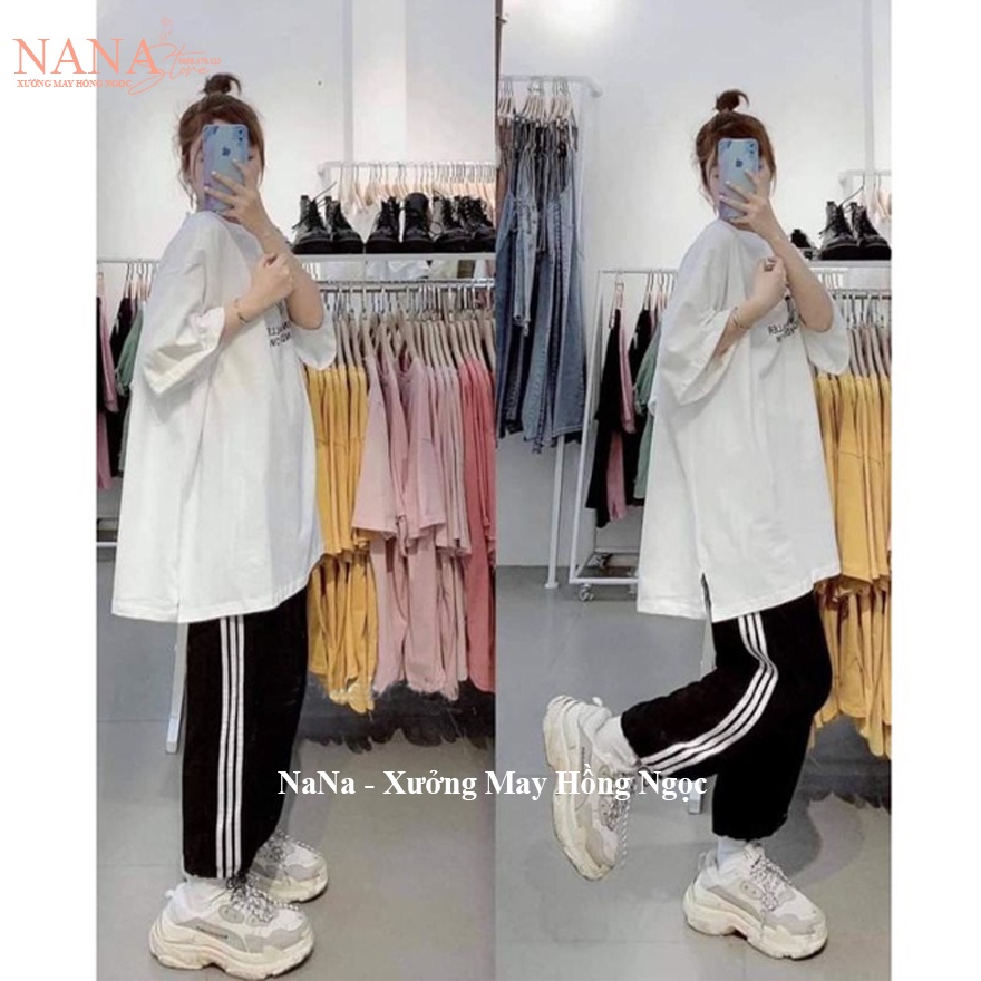 Quần thể thao ống rộng nữ viền kẻ 3 sọc trắng đi học ch có dây rút gấu dáng quần jogger nữ ống rộng tập thể dục vải mềm