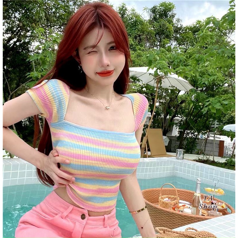 Áo len mỏng cổ vuông cầu vồng