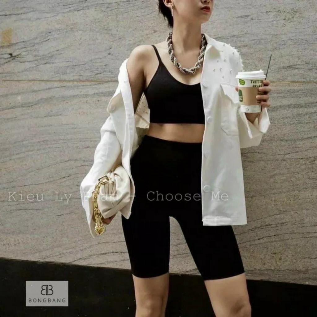 Quần legging nữ lửng vải thun cao cấp biker nữ đùi ngố đồ mặc nhà dáng ôm bó lưng thun tập gym yoga