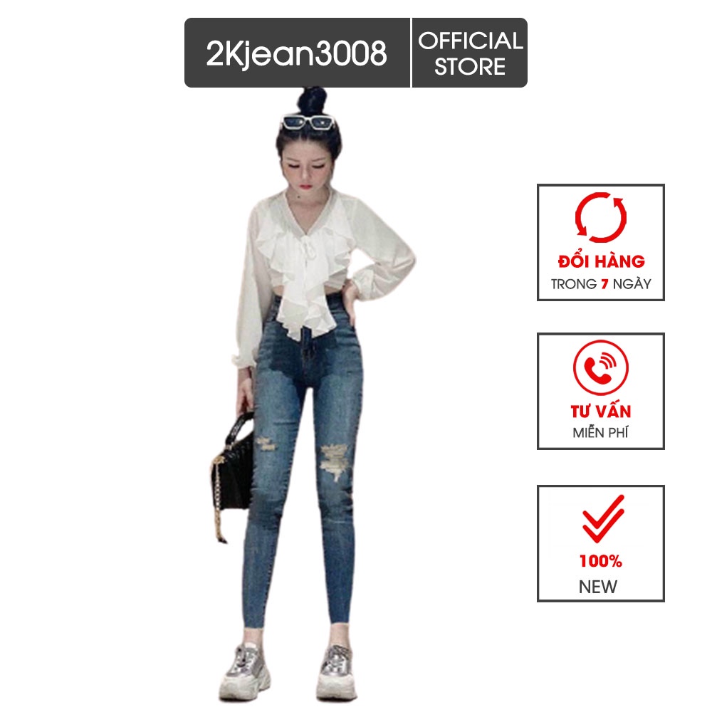 Quần jean nữ lưng cao siêu co giãn kiểu quần bò rách đùi hàng VNXK MS2129 thời trang bigsize 2Kjean