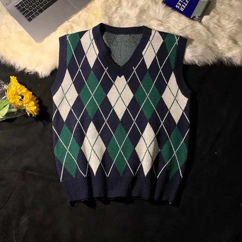 Áo Sweater Dệt Kim Sát Nách Dáng Rộng Cổ Chữ V Sọc Ca Rô Màu Sắc Tương Phản Retro Xuân Thu Cho Nam