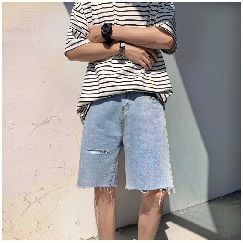 Quần short jean nam ống rộng màu xanh nhạt rách 02 Pon.mens