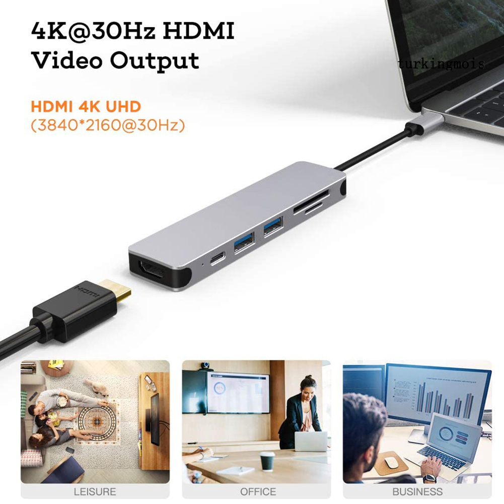 TSP_6 in 1 USB 4K HDMI-compatible Multiport Card Reader Hub for MacBook Laptop Type C Devices