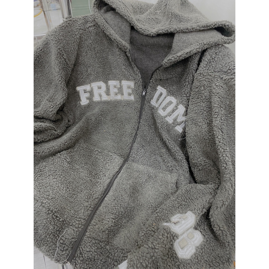 Khoác Lông Mũ Rộng Fre Nam Nữ Chất Lông Cừu Dáng Rộng Giữ Nhiệt Unisex Thêu Chữ Basic