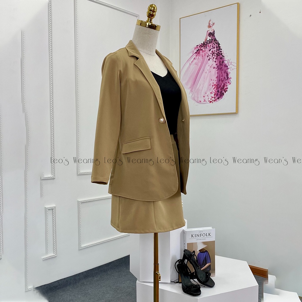 Set vest váy LEOSWEARING chân váy chữ A có túi mix áo blazer tay dài hàn quốc linen bột sang chảnh E94 H48
