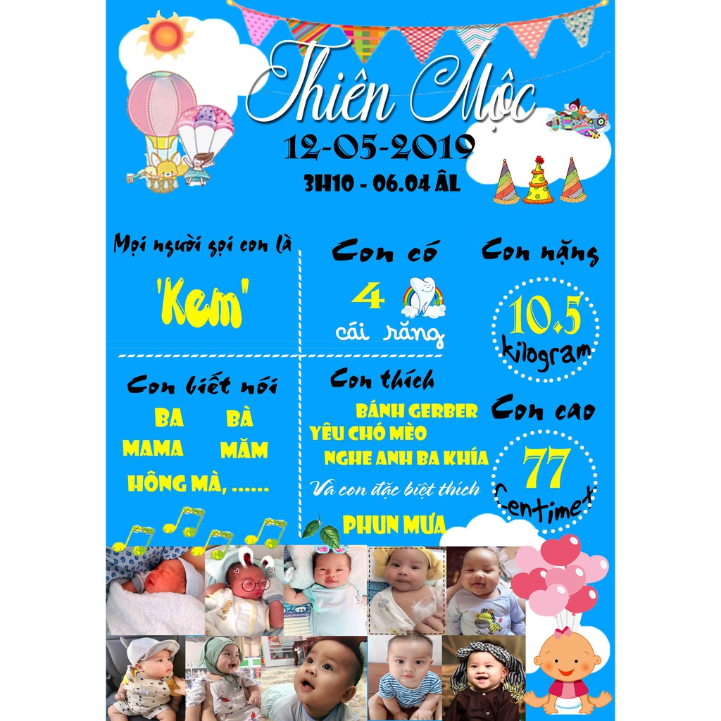 Bảng thành tích bảng thông tin hoặc bảng ảnh 12 tháng - Trang trí sinh nhật thôi nôi bé trai bé gái in hình bé