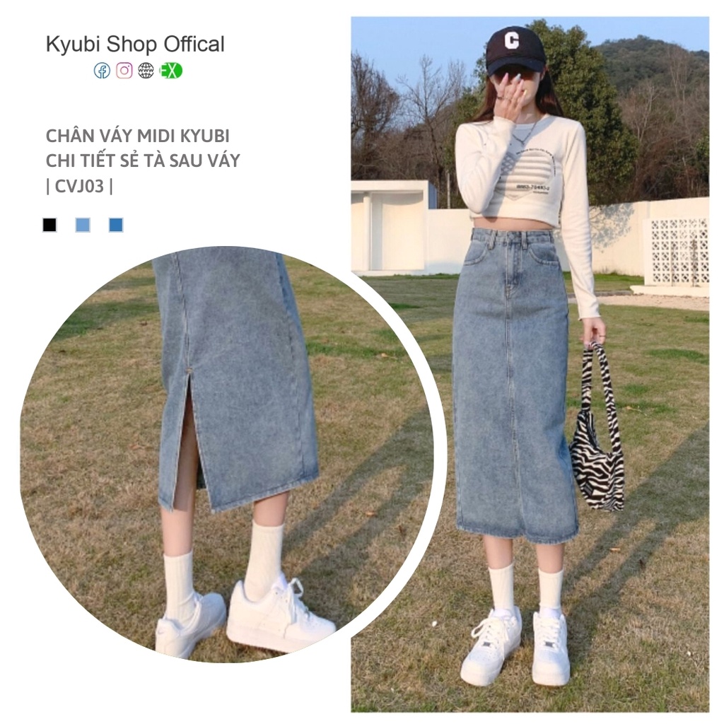 Chân váy dài Jean denim Midi Kyubi Xẻ tà Lưng cao dáng chữ A phong cách Hàn Quốc - Váy bò Ulzzang Kyubi CVJ02