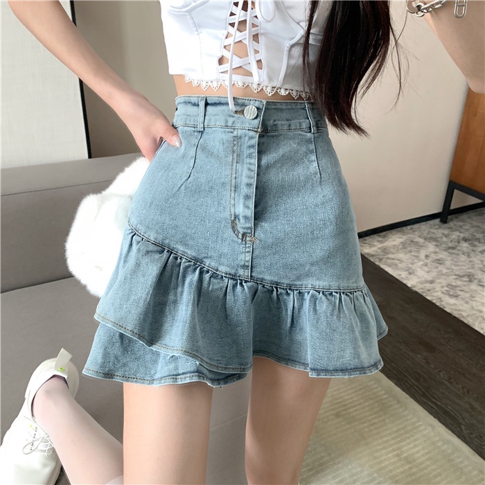 SUXI Chân váy jean chữ a thiết kế mới phong cách retro cho nữ