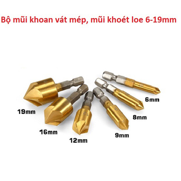 Bộ 6 mũi doa lỗ gỗ - Mũi vát mép