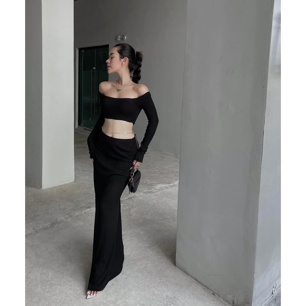 Set áo croptop trễ vai + Chân váy body - - Ꮯɦ𝚊̂́ȶ Ꮮɨ𝚎̣̂𝚞: thun sọc len 𝙵𝚛𝚎𝚎 𝚜𝚒𝚣𝚎 𝚏𝚘𝚛𝚖