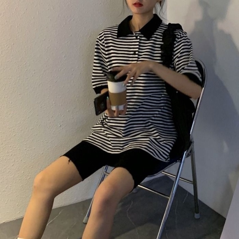 Áo Thun Tay Lửng Họa Tiết Sọc Đen Trắng Thời Trang Dành Cho Nữ