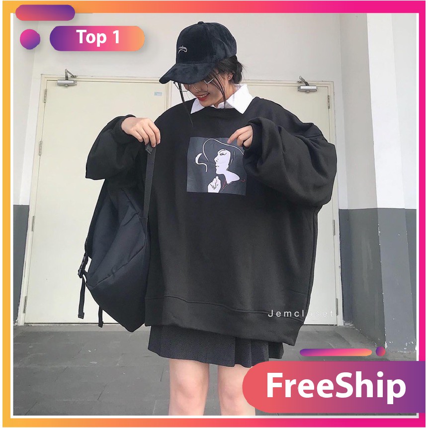 Áo sweater form rộng Unisex cô gái khói siêu xinh PT5, Áo hoodie nỉ không mũ phong cách oversize streetwear