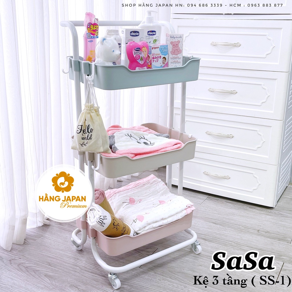 Kệ Nhựa 3 Tầng cap cấp Sasa có bánh xe kích thước 43x35x87 cm