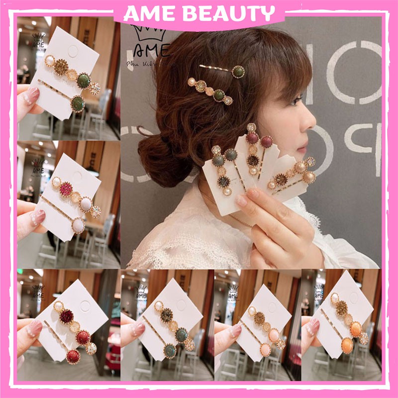 Bộ kẹp tóc đính đá cặp tóc mái đính hạt trai sang chảnh phong cách Hàn Quốc Ame Beauty