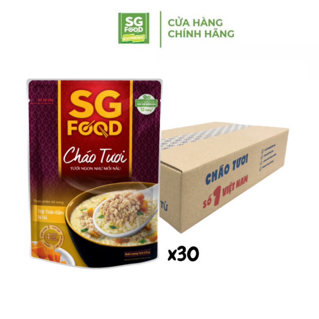 Thùng 30 Gói Cháo tươi Sài Gòn Food Thịt thăn bằm & Bí đỏ 270g