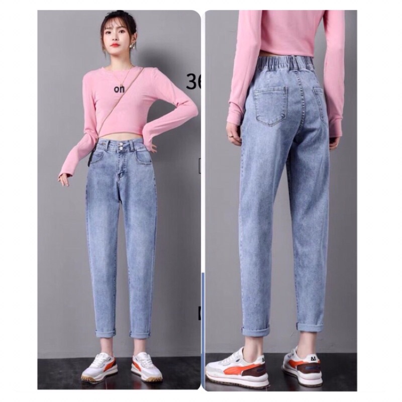 Quần baggy jean nữ quần bò nữ lưng cao chun sau phong cách hàn quốc