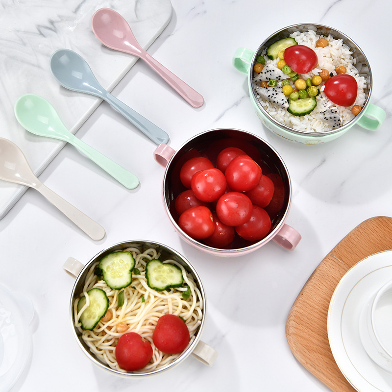 Set 3 Tô Cơm Bằng Thép Không Gỉ 304 Họa Tiết Hoạt Hình Dễ Thương Có Tay Cầm Cho Bé