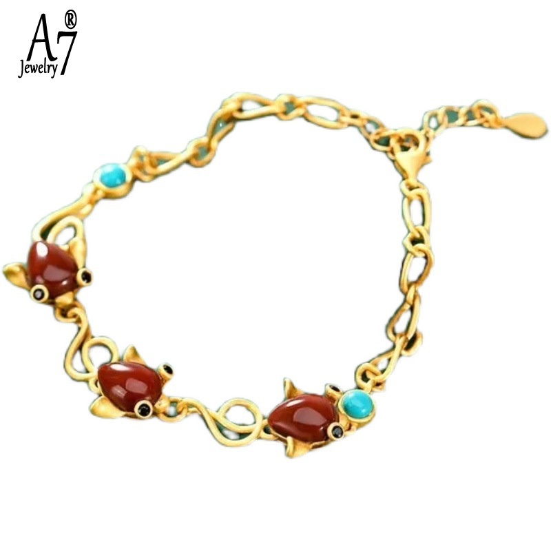 Vòng Tay Mạ Bạc 925 Hình Cá Đính Đá Ngọc Lam/Đá A7 S925 Thời Trang Cho Nữ