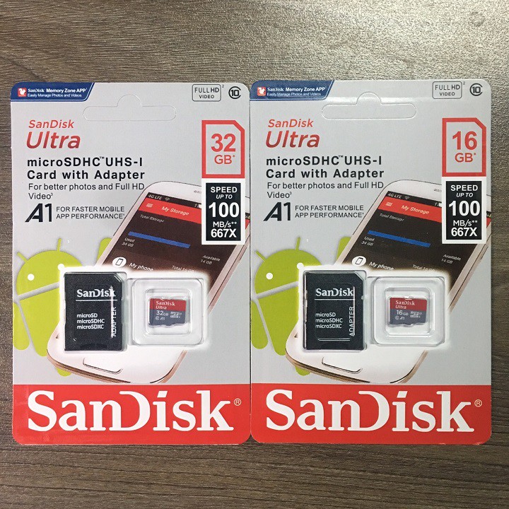 Thẻ nhớ SanDisk 32GB/16GB – MircoSD Ultra Class10 – Chính Hãng – Bảo hành 5 năm – Dùng cho Điện thoại – Máy ảnh – Camera