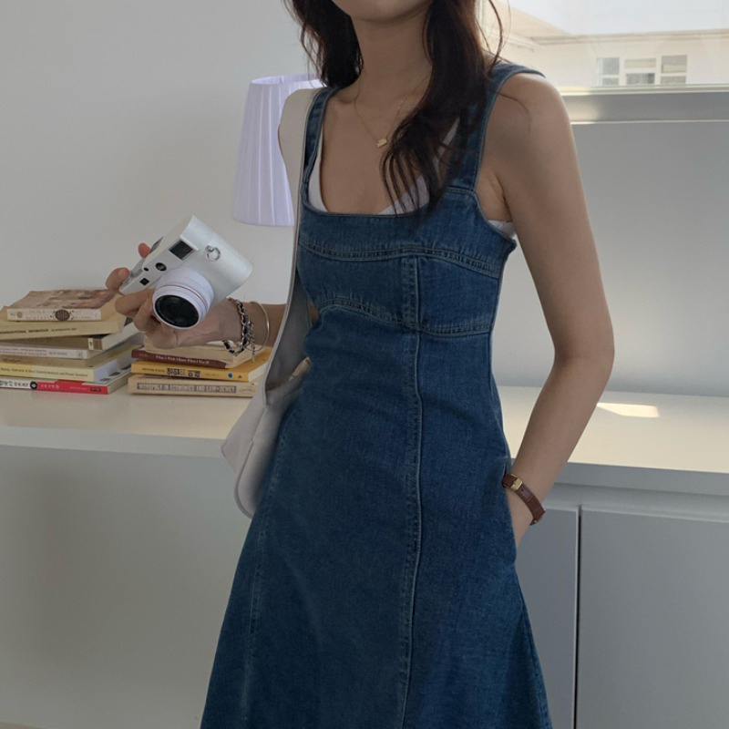 Đầm Maxi Denim Không Tay Lưng Cao Thời Trang Mùa Hè Dành Cho Nữ