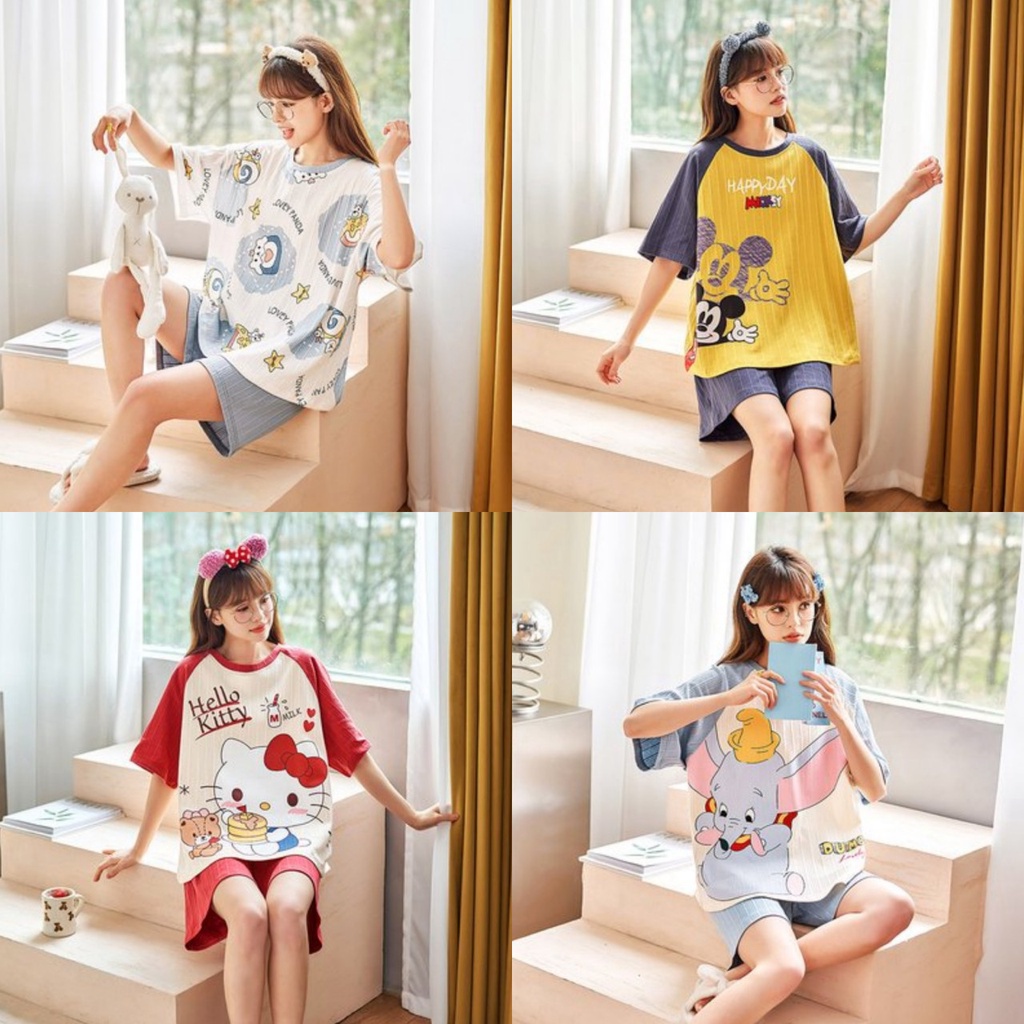 Đồ bộ ngủ nữ dễ thương, pijama, đầm mặc nhà, quần áo cộc tay thoáng mát thấm hút mồ hôi cotton HE05.1