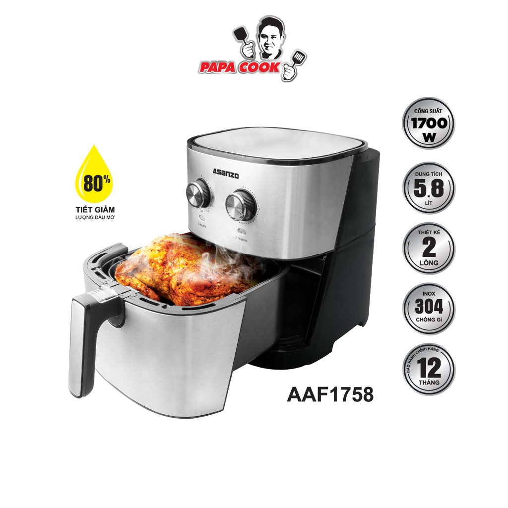 Nồi Chiên Không Dầu Asanzo Papa Cook AAF1758 5.8L [NEW 2020] - Tặng kèm bình thủy điện