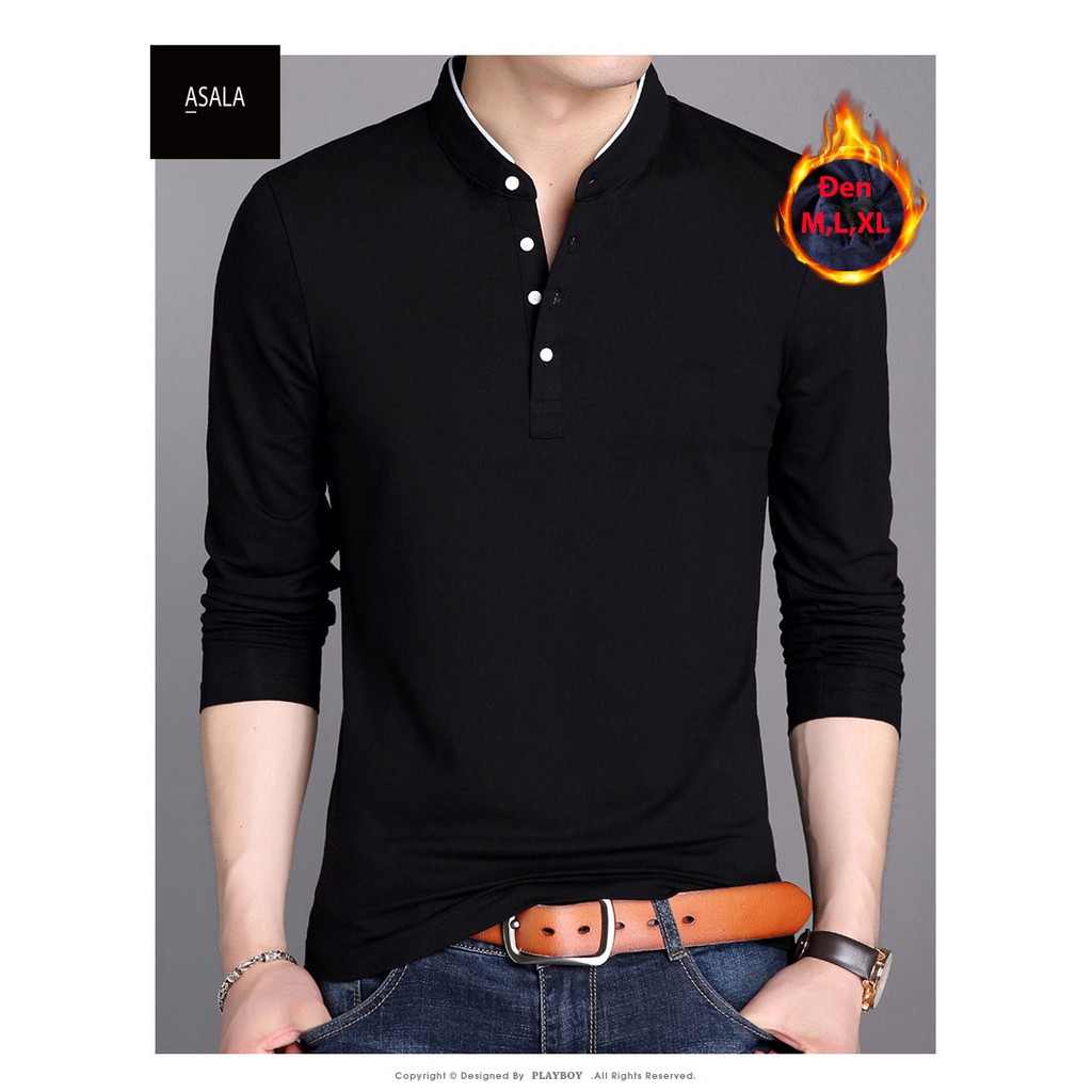 Áo thun nam tay dài ASALA 4nut (đen- xám)