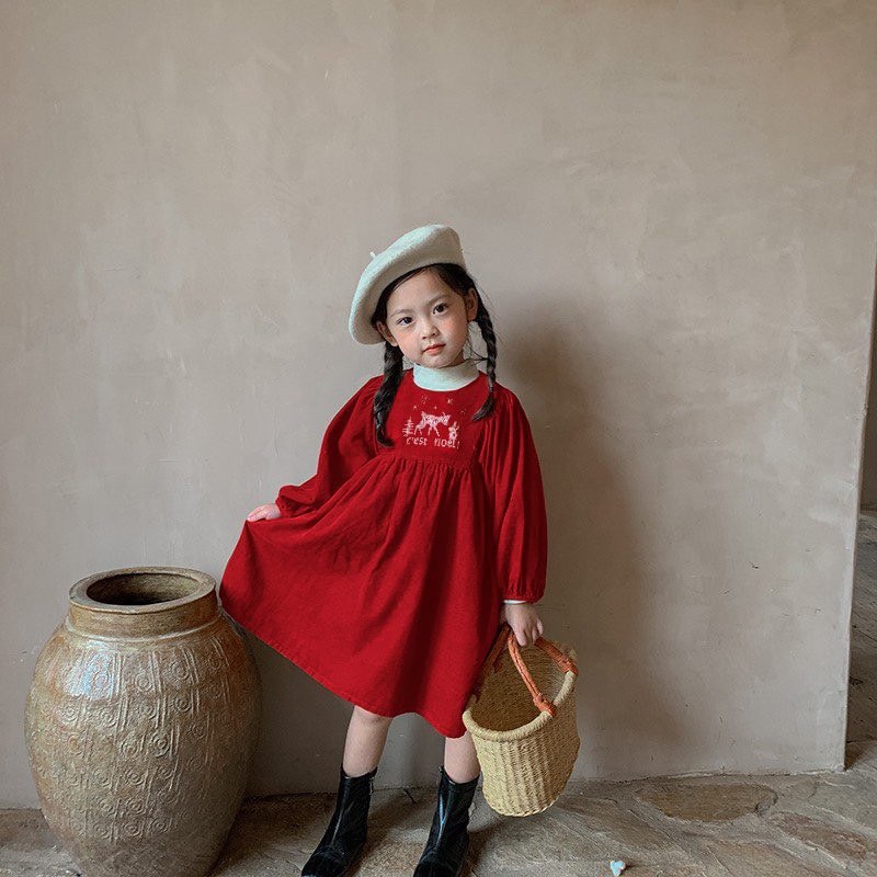 Váy Zara nhung tăm đỏ cho bé gái cực mềm đẹp