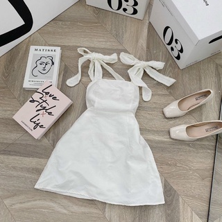 Đầm 2s trắng hoa nổi cột nơ vai