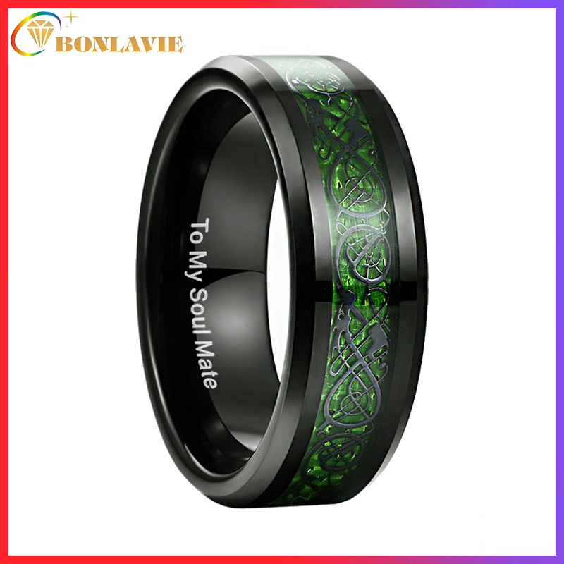 Nhẫn BONLAVIE Điêu Khắc Hình Rồng Đen Bằng Sợi Carbon Size 5-14