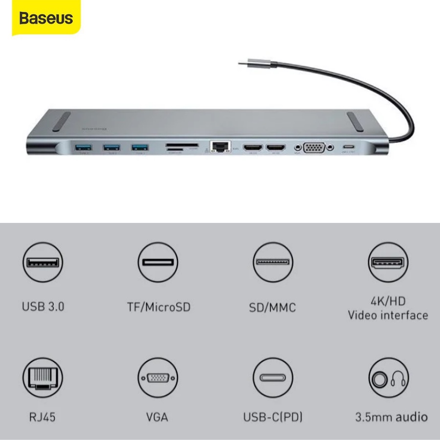 Hub Type C Baseus 11 in 1 cho Macbook Laptop, Cổng chuyển đổi Type C sang HDMI 4K Usb 3.0 VGA Card Reader RJ45 AUX 3.5mm